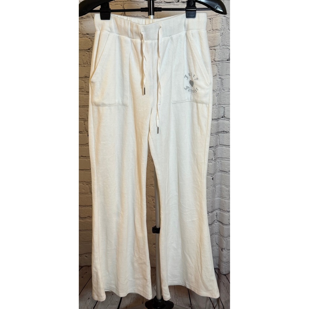 Juicy Couture Forever 21 White Velour Rhinestone Wide Leg Sweatpants Large